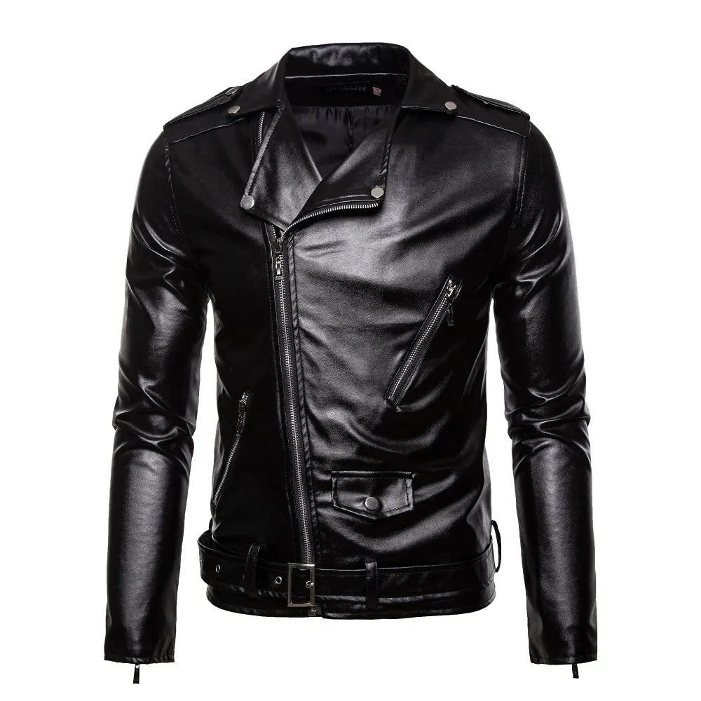 2023 Men's Autumn and Winter Lapel Leather Jacket Business Casual Oblique Zipper PU Leather Motorcycle Leather Jacket