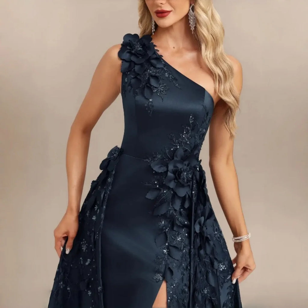 One Shoulder Satin Bridesmaid Dresses 3D Floral Applique Sequin High Slit Overskirt Formal Evening Maxi Gown Wedding Party Dress