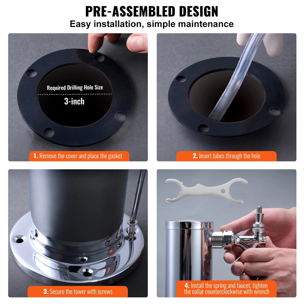 SucceBuy Triple Taps Draft Beer Tower Dispenser Stainless Steel Keg Beer Tower Kegerator Tower Kit Pre-Assembled Tubing for Bar