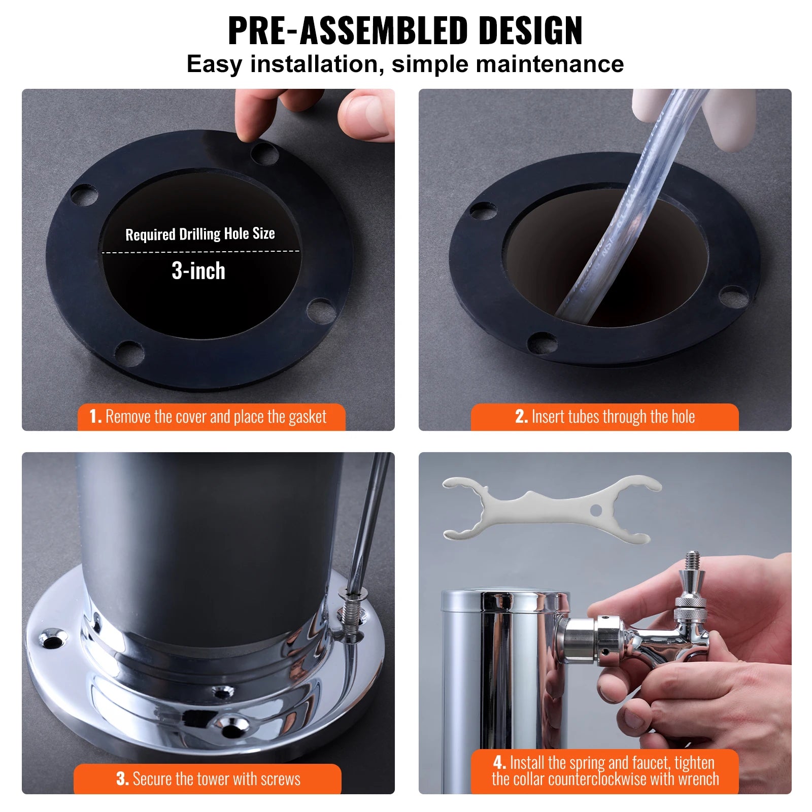SucceBuy Triple Taps Draft Beer Tower Dispenser Stainless Steel Keg Beer Tower Kegerator Tower Kit Pre-Assembled Tubing for Bar