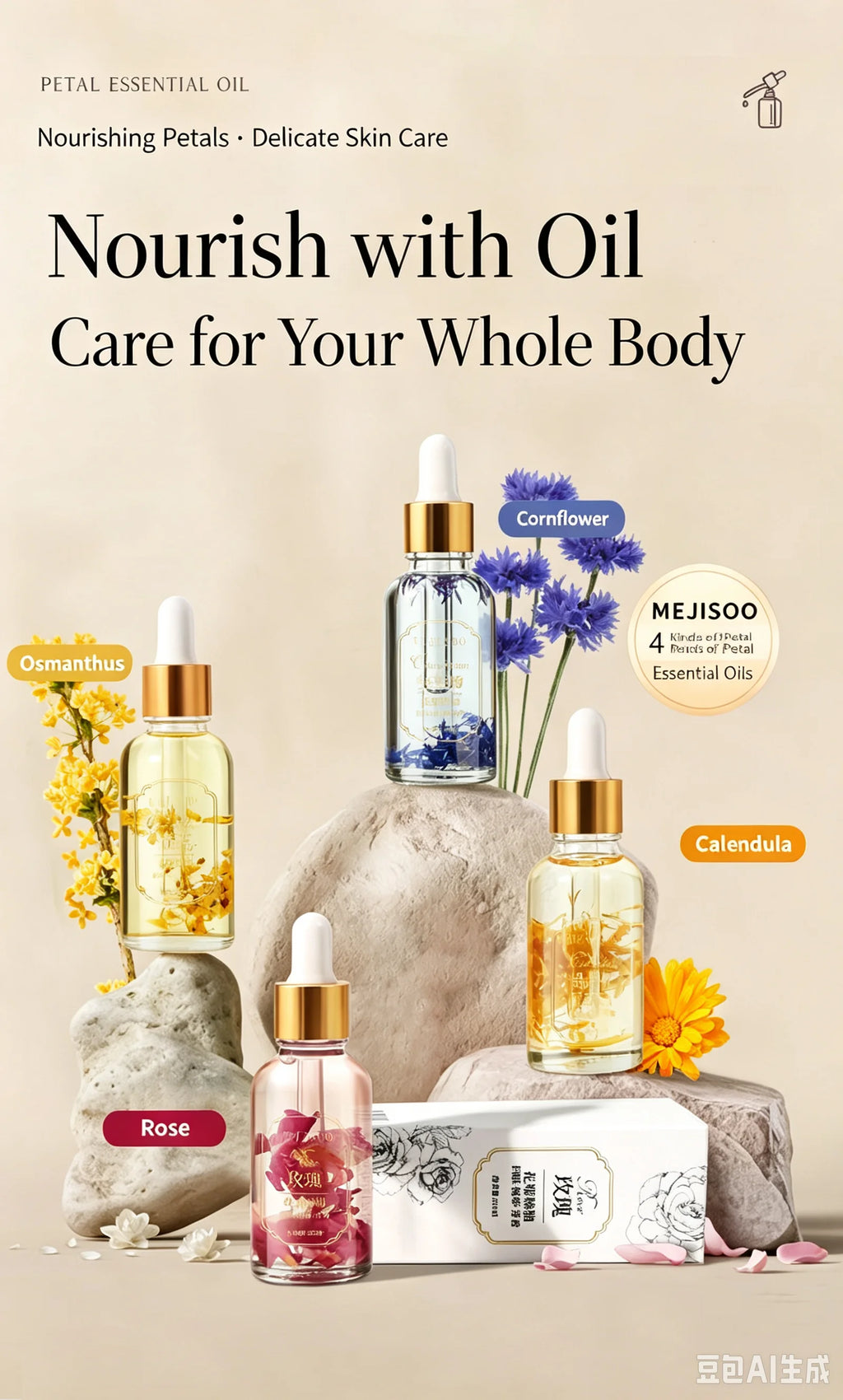 Natural Marigold & Rose Petal Essential Oil Body Massage Oil for Back Opening Therapy Facial Essence Hair Nourishing Care Oil