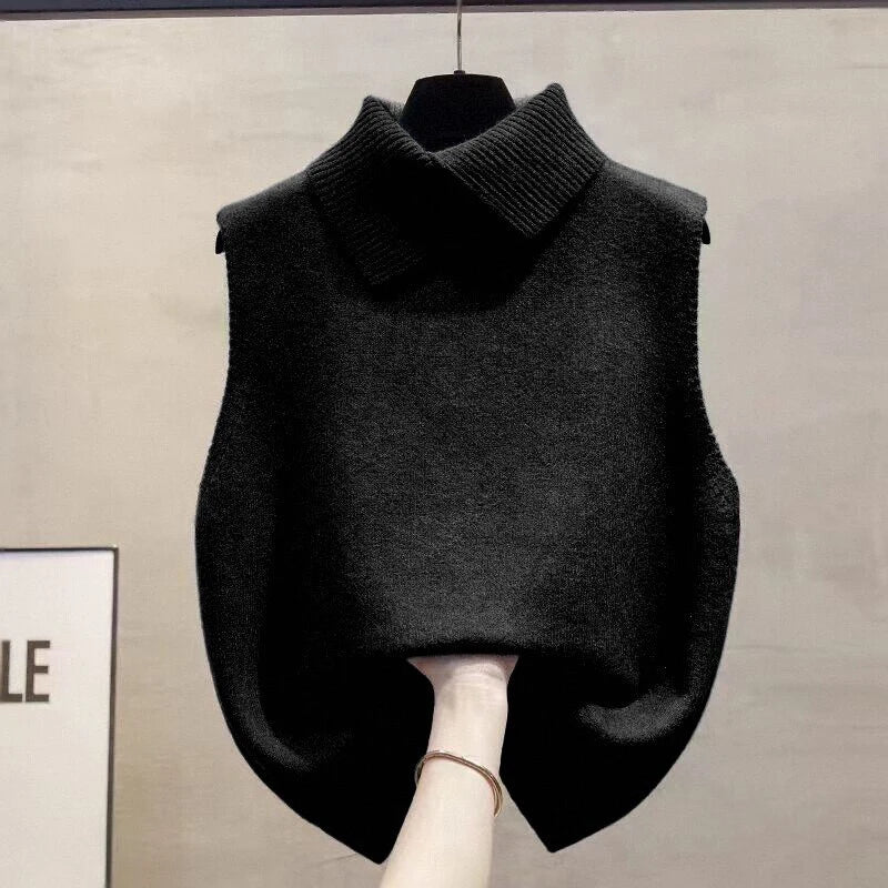 Autumn Winter Korean Solid Color Lapel Sleeveless Versatile Casual Knitted Vest For Women