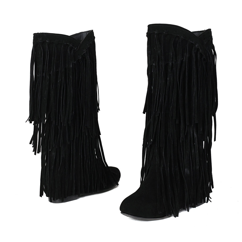 2025 New High Boots Women Bohemian Flock Tassle Mid-Calf Boots Wedge Booties Autumn Winter Ethnic Casual Shoes zapatos de mujer