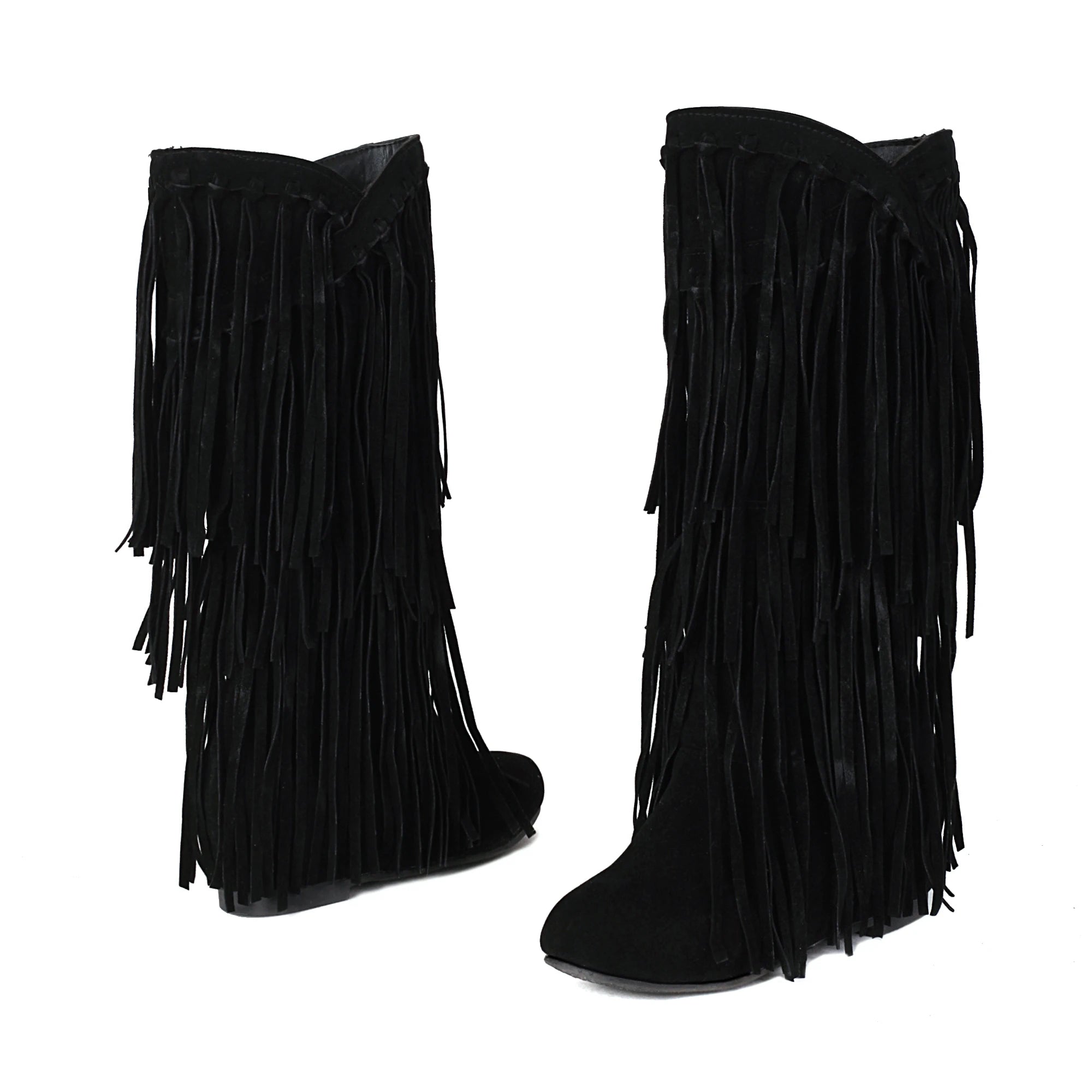2025 New High Boots Women Bohemian Flock Tassle Mid-Calf Boots Wedge Booties Autumn Winter Ethnic Casual Shoes zapatos de mujer