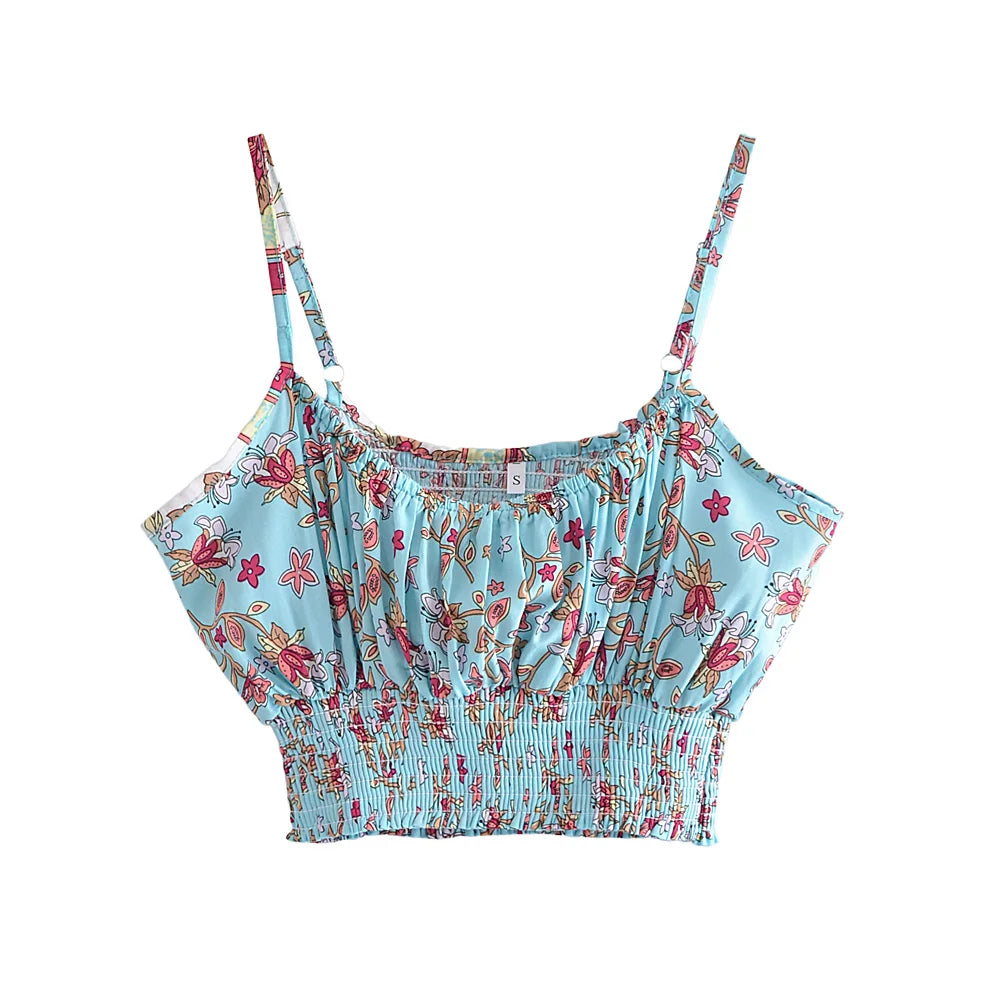 Vintage Chic  Women Floral Print Outfits Strap Sleeveless Tops Bohemian Suits Drawstring Pants 2 Pieces Rayon Cotton Boho Sets