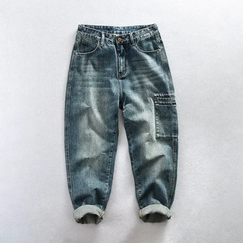 Spring Autumn New Cotton Retro Washed Jeans Men Clothing Casual Loose Straight Men Trousers AG7180