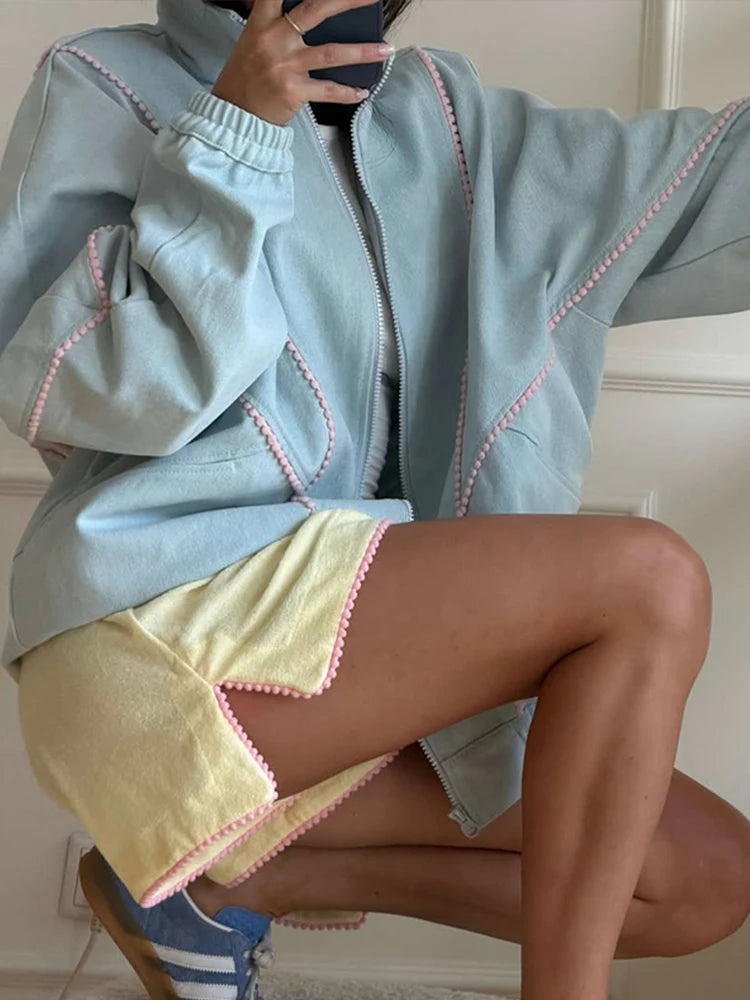 Polka Dot Cropped Windbreaker Jacket, Contrast Pink Seam Piping Side Pockets Loose Outerwear 2026 Autumn Street Daily Lady Coat
