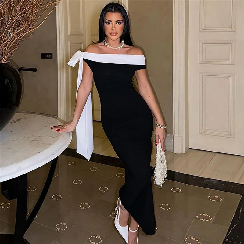 Tuularose Summer Bandage Long Dress Women's Elegant One Shoulder Bow Tie Slim Evening Dress Sexy Patchwork Party Dress Y2k 2025