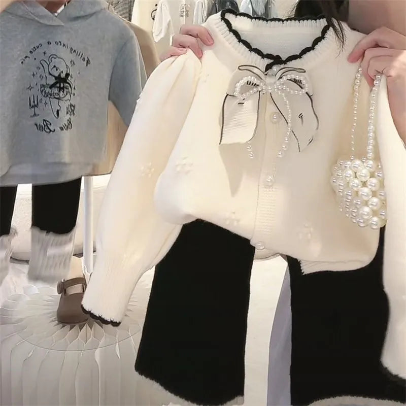 Girls' Autumn Set Spring Korean Baby Children's Sweet Sweater Coat Loose Bellbottom Pants Two Piece Set