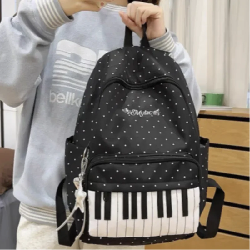 Polka Dot Piano Keyboard Backpack Back-to-school Girl Music Theme Embroidered Nylon Backpack Large Capacity Lightweight Backpack