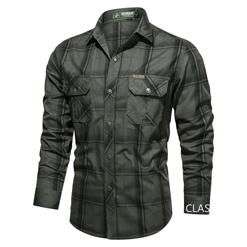 Men Plaid Casual Shirts Male Military Outdoor Loose Multi-pockets Tooling Shirts High Quality Man Large Long-sleeved Shirts 5XL