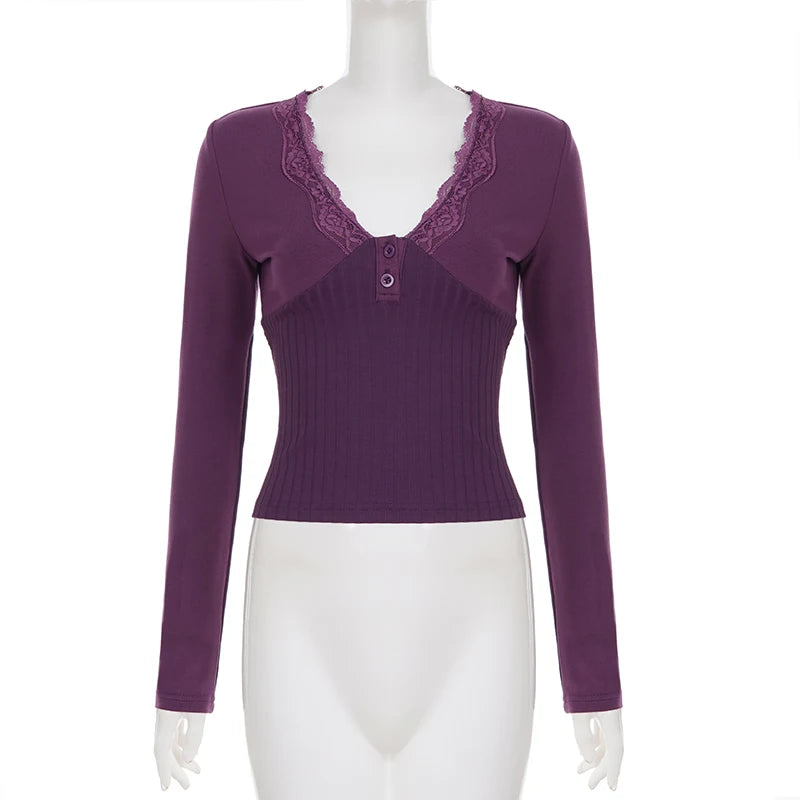 SUCHCUTE Purple Elegant Lace Patchwork V-Neck Slim Knit Top Women Casual Long Sleeves Tees Fashion Sexy Clothing Spring Outfits