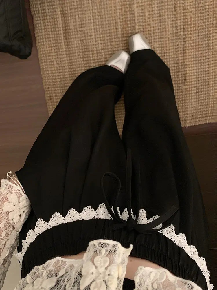 Women Lace Trim Wide Leg Pants Elastic Drawstring Waist Loose Casual Trousers Multiple Colors