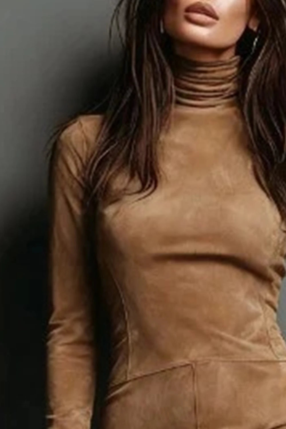 Women's Dress Elegant Slim American Retro Long Sleeve Turtleneck Suede Leather Vintage Solid Autumn Spring Midi Dresses