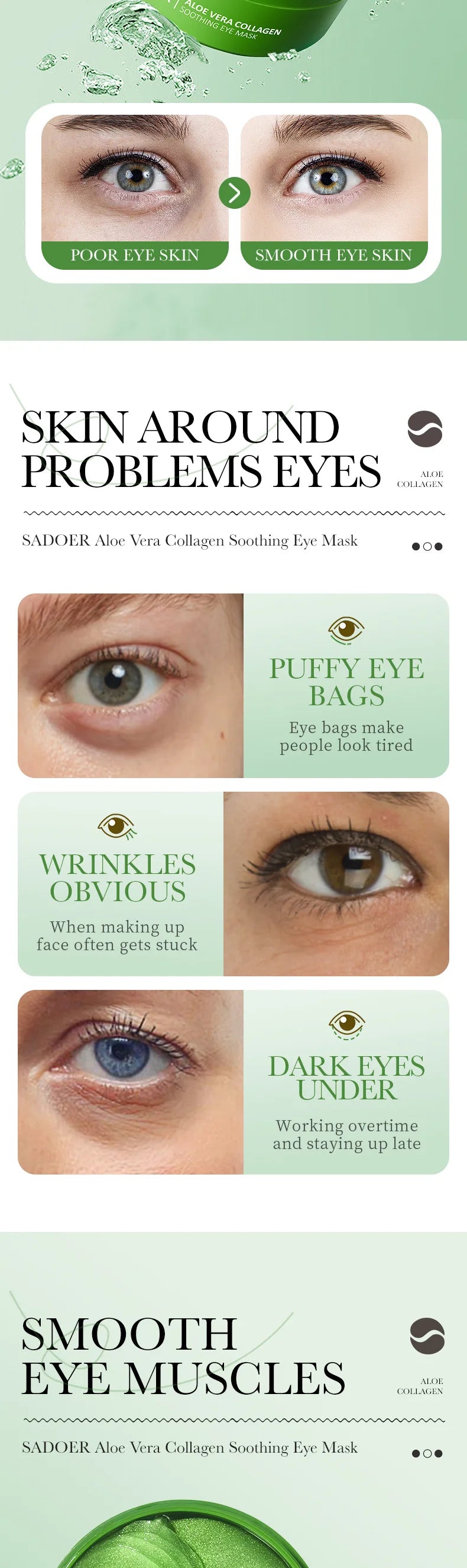 SADOER Aloe Vera Collagen Eye Mask 60pcs Hydrating Moisturizing Firming Reduce Dark Circles Under Eye Pads Skin Care