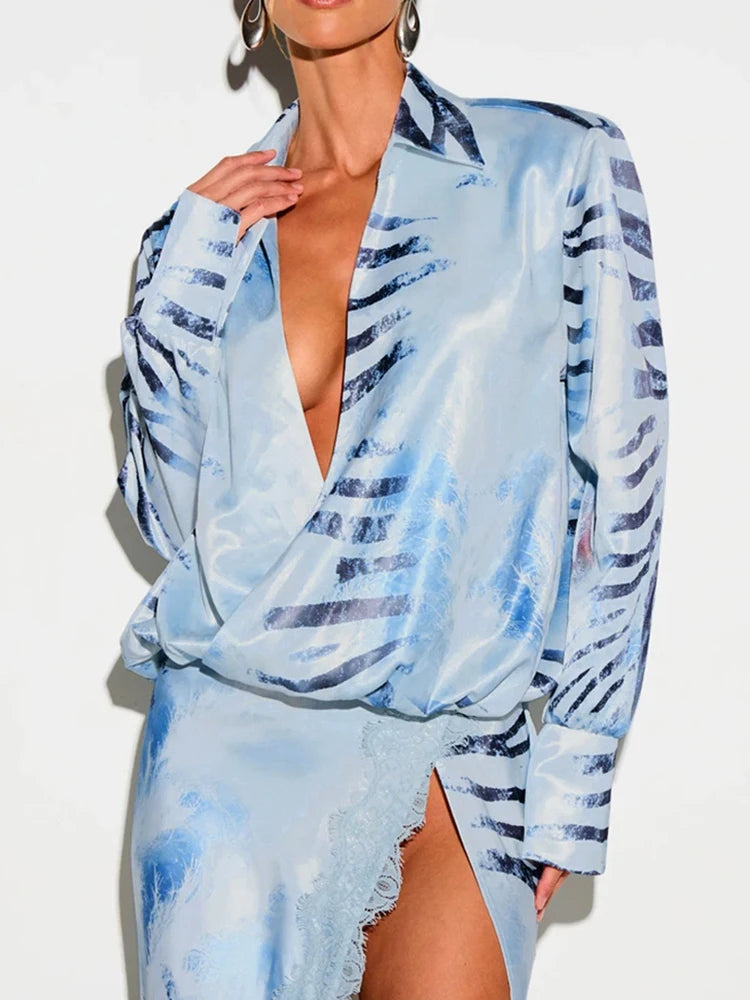 Fashion Lace Patchwork Women's Dress Turn-Down Collar Long Sleeve Waist-Closed Side Split Zebra-Stripe 2026 Summer Female Robe
