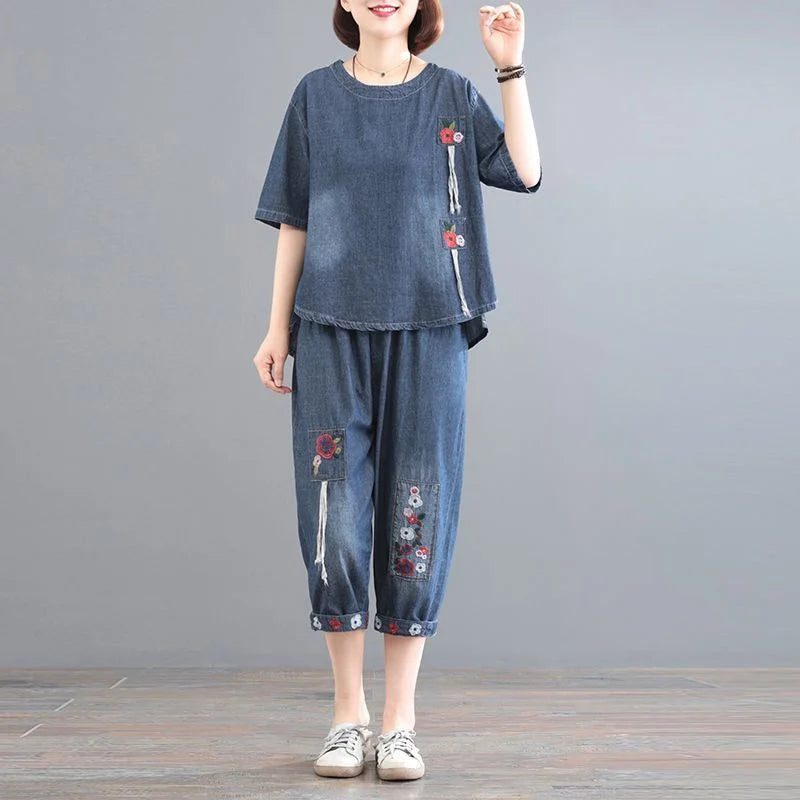 Women Denim Set Female Jeans Two Piece Set 2025 New Spring Summer Thin Korean Loose Cowboy Pants 2 Piece Set Large Size 2PCS