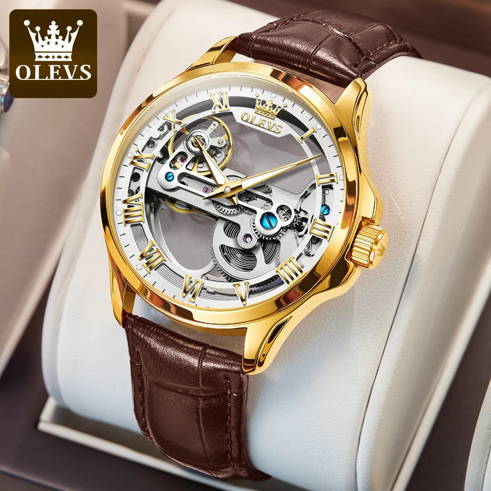 OLEVS Couple Watches Original Fully Transparent Skeleton Automatic Mechanical Watches For Men Women Lover's Gift Luxury Watches