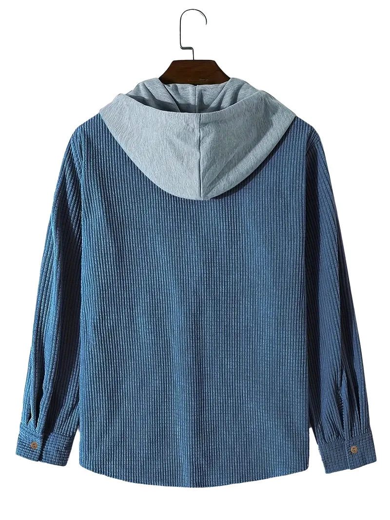 Spring Autumn Patchwork Thick Hooded Shirt Men Waffle Long sleeved Hoodie Fashion Casual Loose Sweatshirt Tops Oversized Shirts
