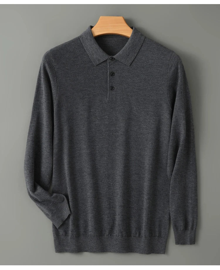 Men's Worsted Wool Kknit Pullover, Business Casual Polo Neck Sweater, Monochromatic Loose Top, Autumn and Winter Fashion, New