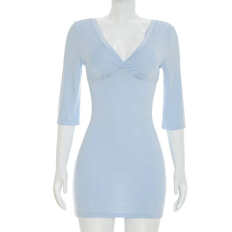 2026 Summer New V-Neck Mini Dresses Women Half Sleeve High Waist Commute Bodycon Dress Clothes Female Slim Short Dresses