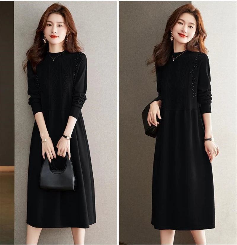 New Knitting Vestidos Women's 2024 Spring Autumn Mid Length Version Ladies Sweater Dress Temperament Lady Bottoming Skirt