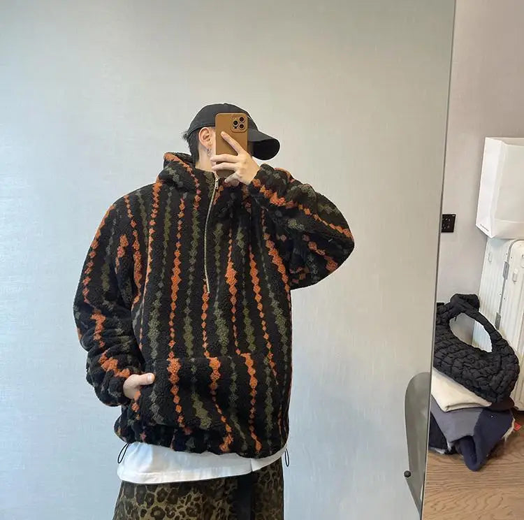 Retro Vertical Striped Autumn Winter Oversized Hooded Overcoat Men's Warm Velvet Loose Casual Half-zip Jackets Male Clothes