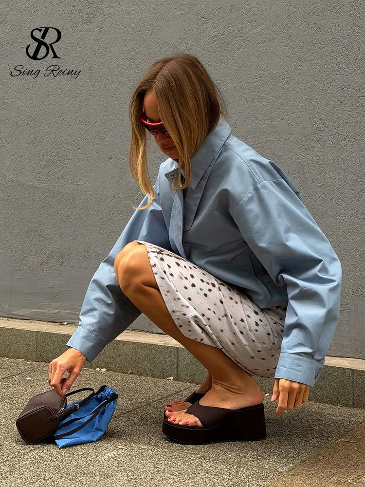 SINGREINY Autumn Trendy Street Casual Jacket Lapel Full Sleeves French Simple Outerwear Newest Versatile Blue Basic Loose Coat