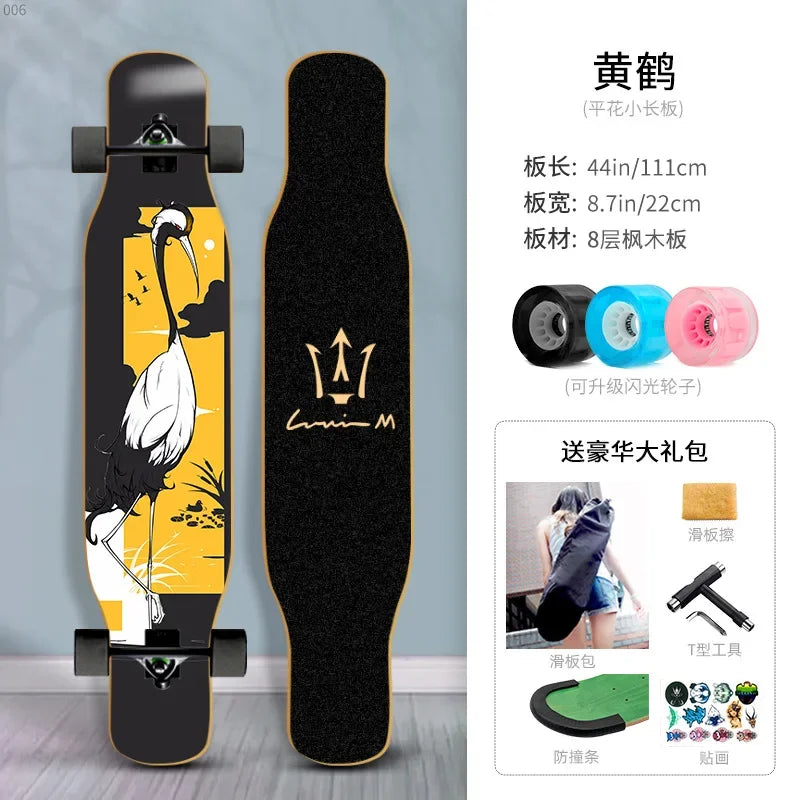 Longboard Beginner Boys and Girls Adult Professional Double Dancing Board 44in Teen Maple Quad