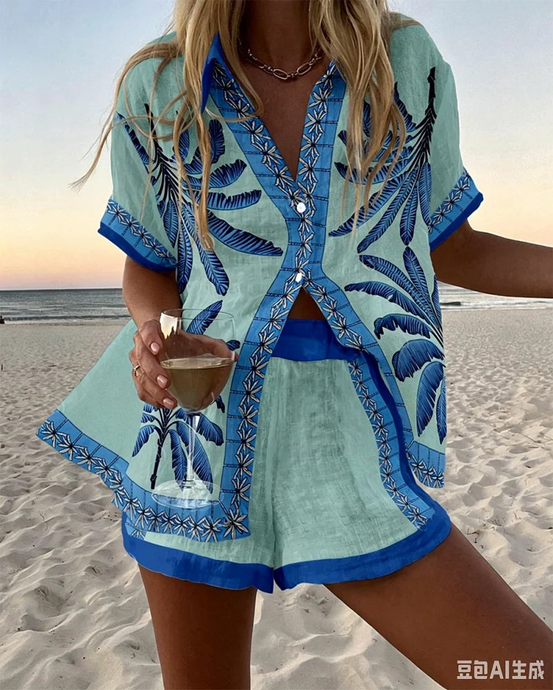 Holiday Summer Vacation Shorts Set 3D Printed Seaside Tropical Casual Lapel Shirt Blouse Top Shorts 2-Piece Suits Beach Clothes