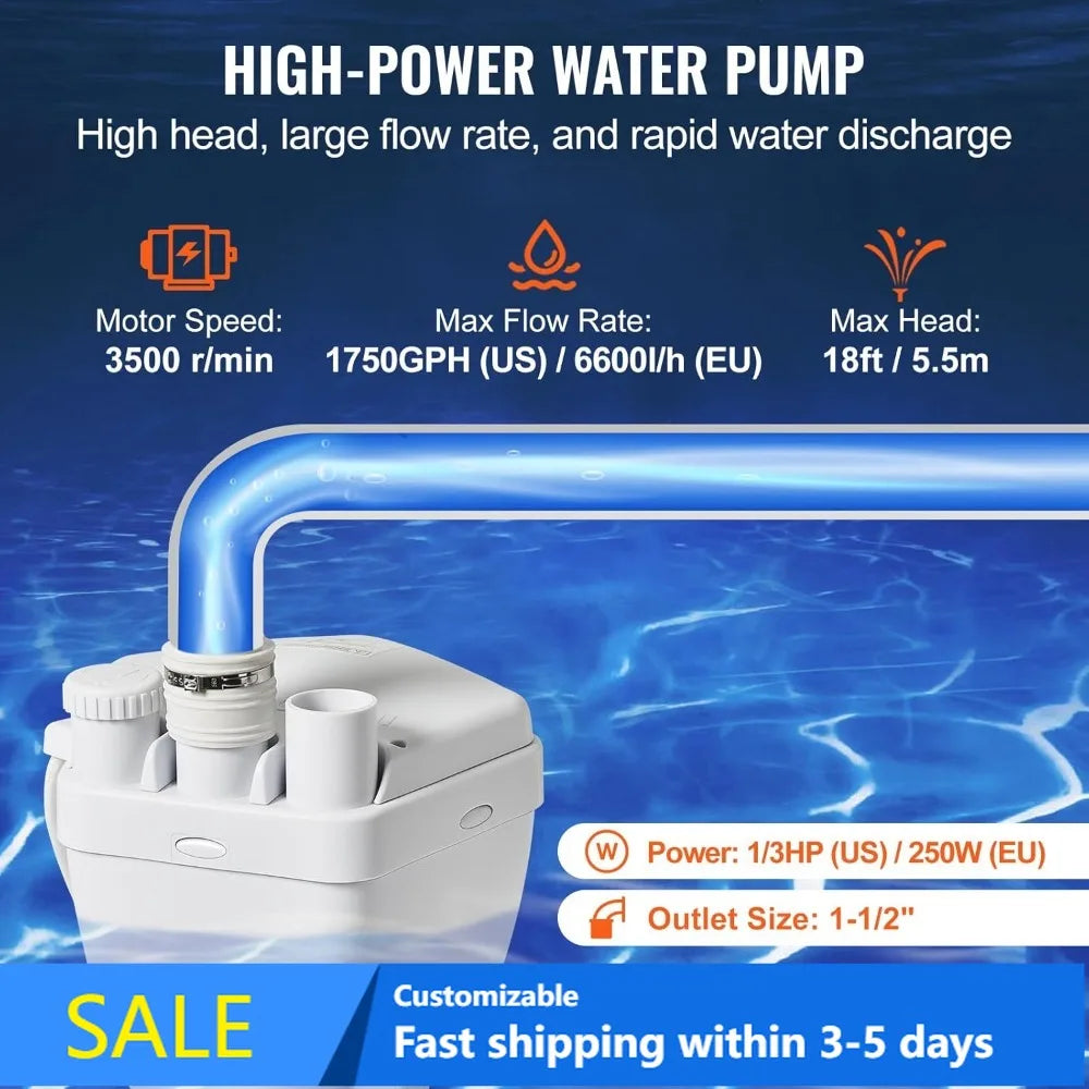 1/3 HP 120V 1750 GPH Sump Pump System, 18 ft Head, Under-Sink Drain Pump for Laundry/Basement, White
