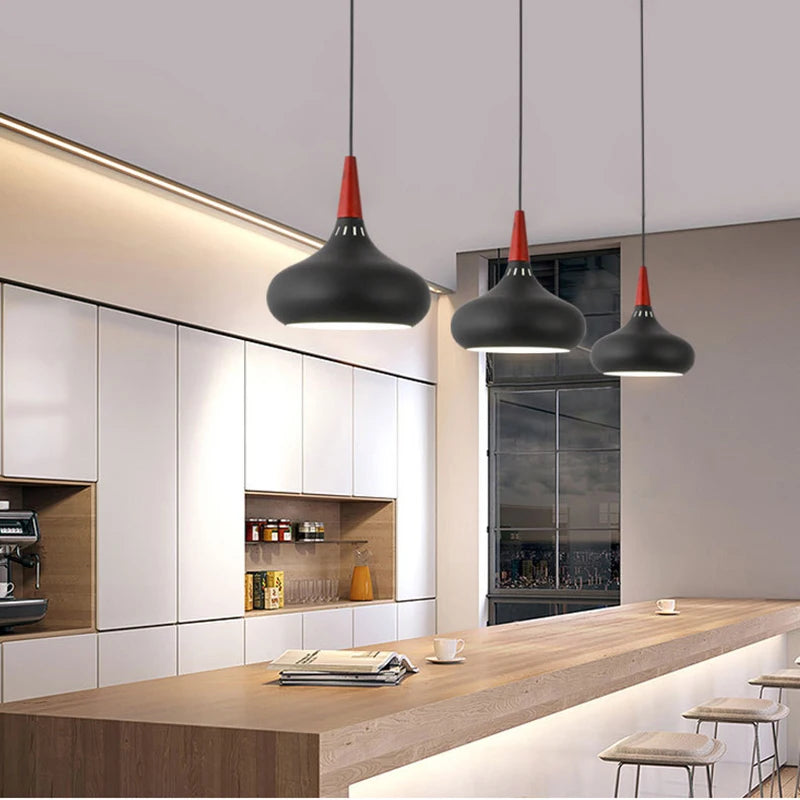 GEW Nordic Modern Funnel Pendant Light Wood Aluminum E27 Multi Color Hanging Lamp for Dining Kitchen Island Bedside