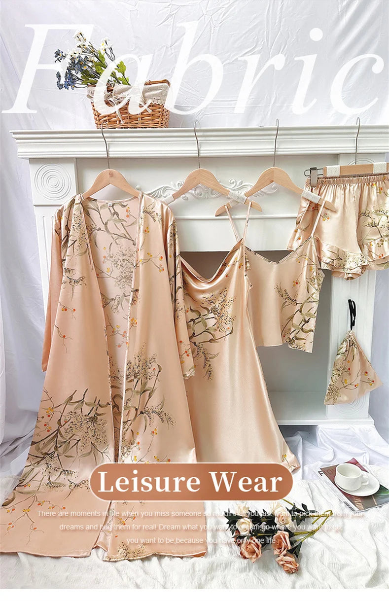 Elegant Print Flower Pajamas 5 Piece Set Women Casual Kimono Bathrobe Gown Sexy Silky Rayon Nightgown Loose Home Clothes