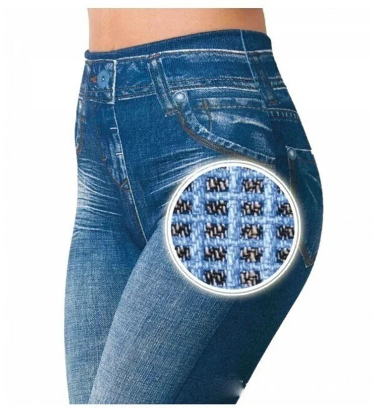 Seamless High Waist Cotton Imitation Denim Women Leggings Hollow Out And Sexy Design Slim Soft Women Pants Elastic Pocket Jeans