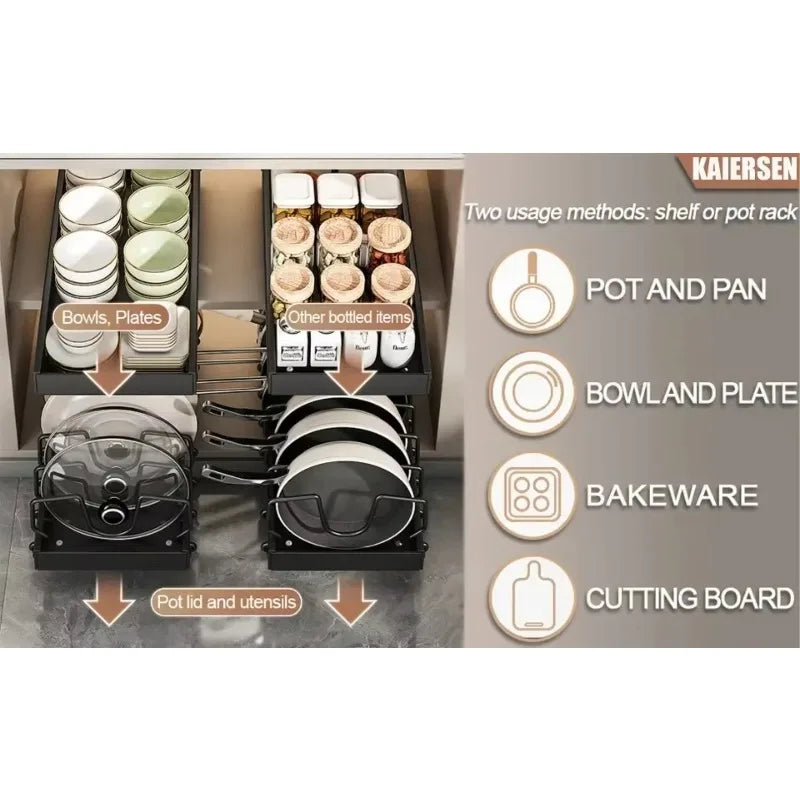 Kitchen Cabinet Pull Out Tray Organizer with Slide Rails Adjustable Storage Rack for Pots Pans and Dishes