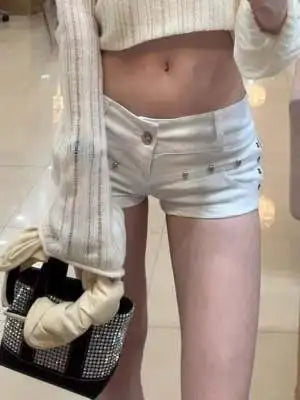 Sexy Low Rise Denim Super Shorts Women's Summer Elastic Slim Skinny Rivet Vintage White Short Jeans Y2k Versatile Pants