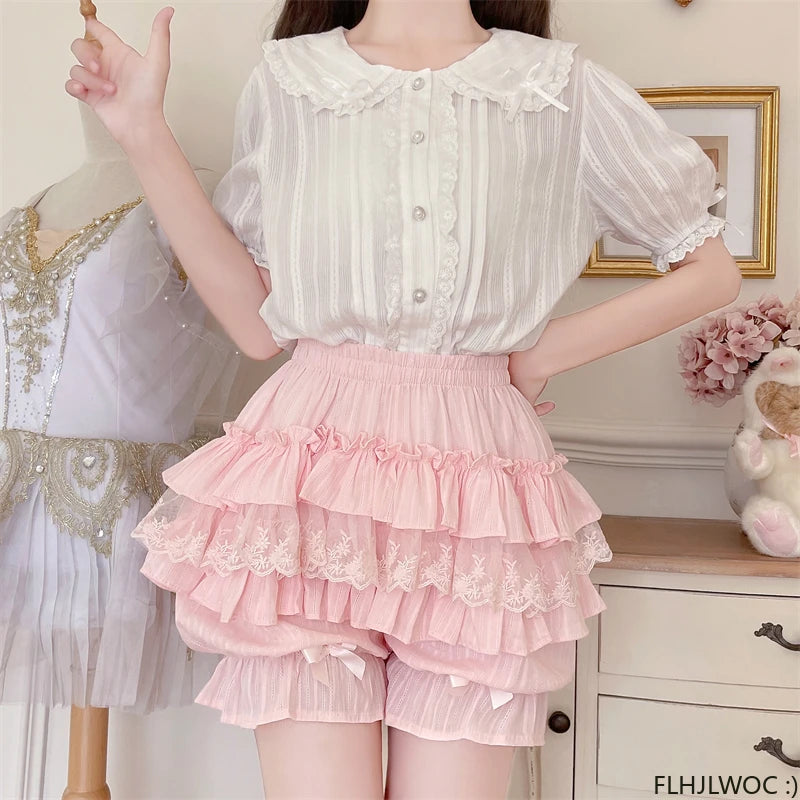 Cotton Bloomers Lolita Style Girls Cute Sweet Japan Sexy Lace Date Princess Pink Layer Puff Shorts Ruffles Lantern Small Pants