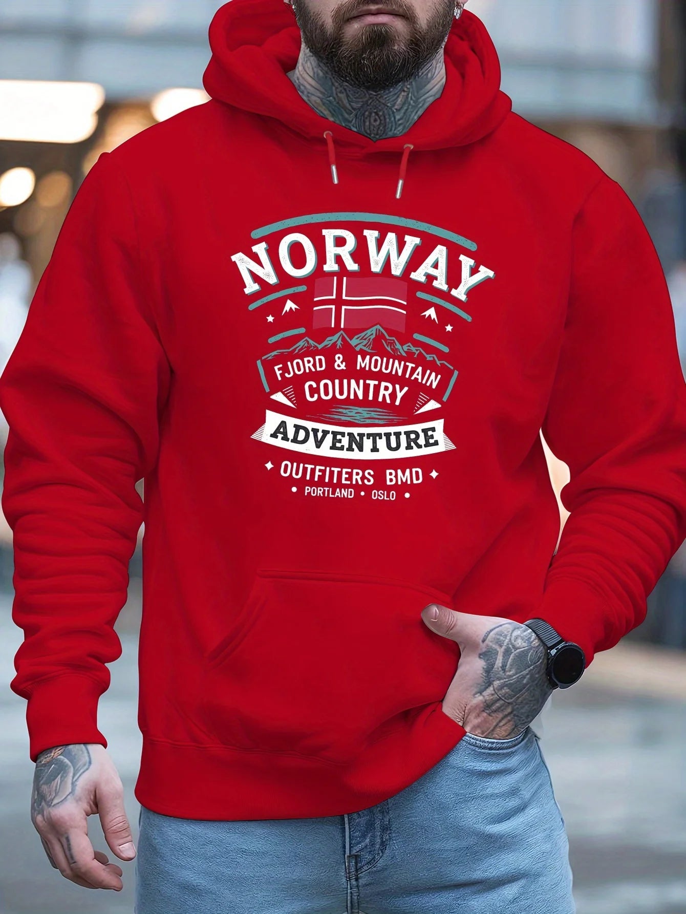Norwegian New Fashion Adult Men's Printed Autumn Winter Fleece Warm Hooded Outdoor Casual Trend Soft Cool Comfortable Sweatshirt