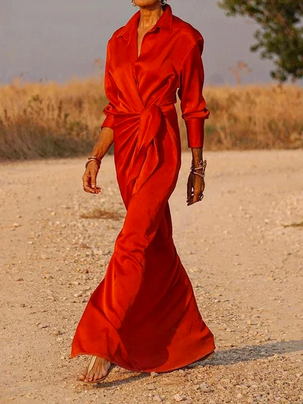 Yeezzi Office Lady Solid Color Formal Tied Waist A-line Dress 2025 New Spring Long Sleeves Elegant Pleated Evening Maxi Dresses