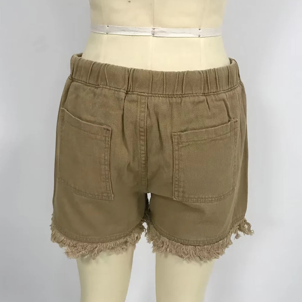 Women’s Denim Shorts Drawstring Elastic Waist Frayed Hem Short Pants Summer Casual Vintage Hottie Girls Loose Jeans with Pockets