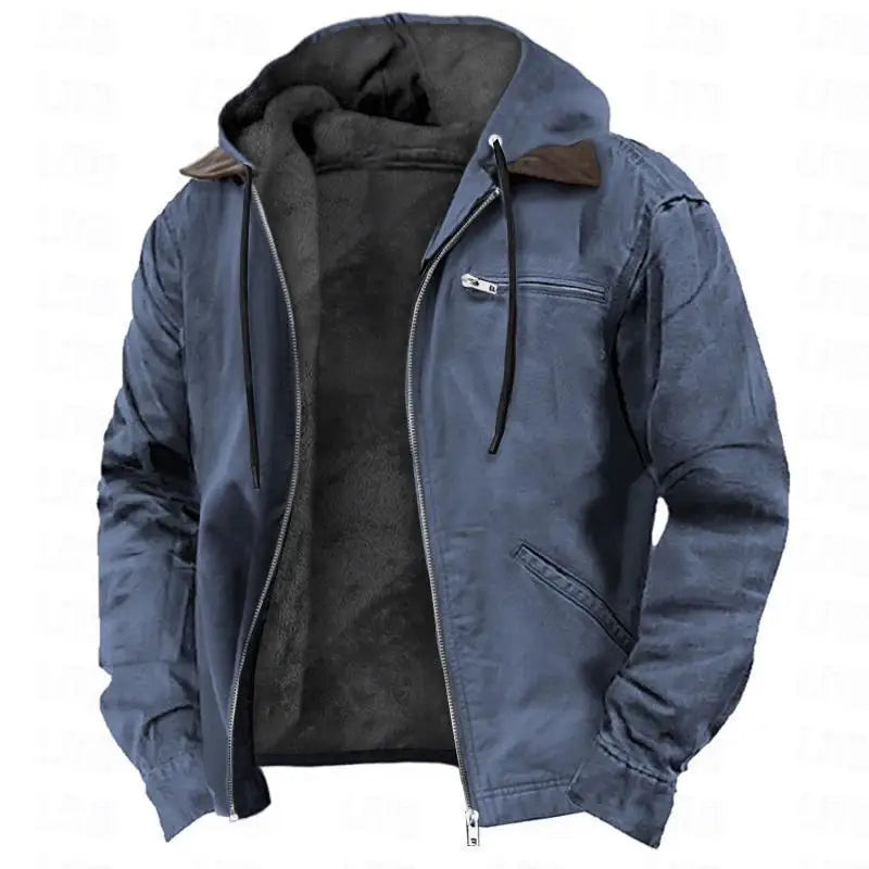 European and American Men's Autumn and Winter Casual Hooded Zipper and Fleece Warm Jacket With Multiple Pockets Outdoor Jacket