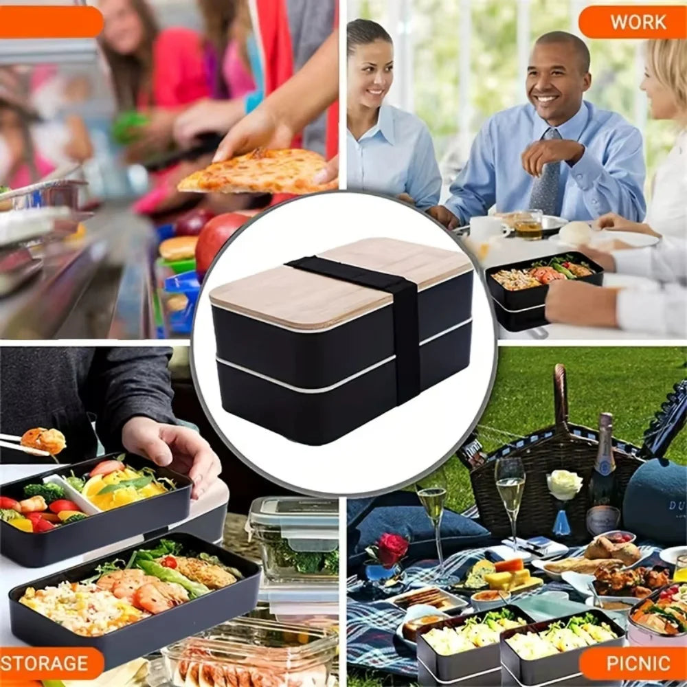 Adult Bento Lunch Box, 2-Tier Food Storage Container Set with Cutlery for Kids/children, Crisper Microwave and Dishwasher Safe