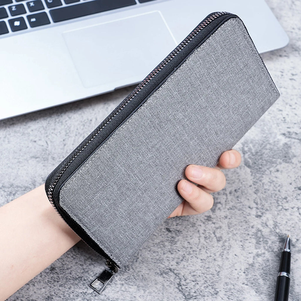Men Long Wallet Large Capacity Multiple Card Slots Canvas Zippered Purse Business Handbag Card Holder Wallet Coin Bag
