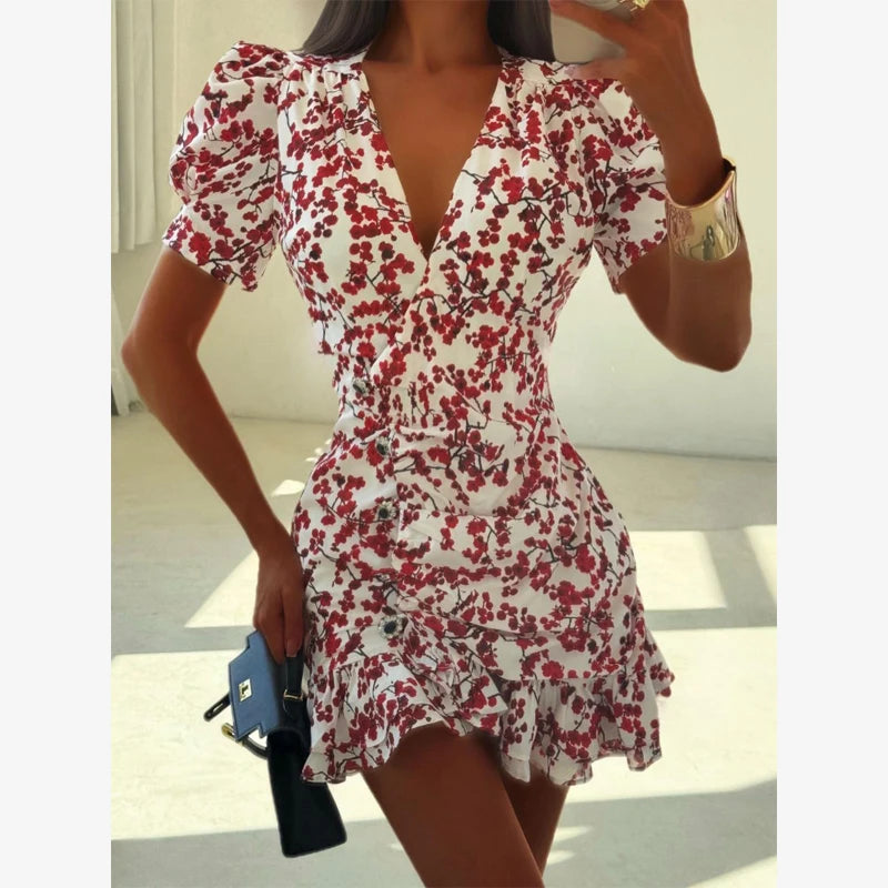 Women Chic Floral Print Bodycon Dress Holiday v-neck Pleated Patchwork Flared Sleeve Ruffle 2026 Summer Casual Latest Vestidos