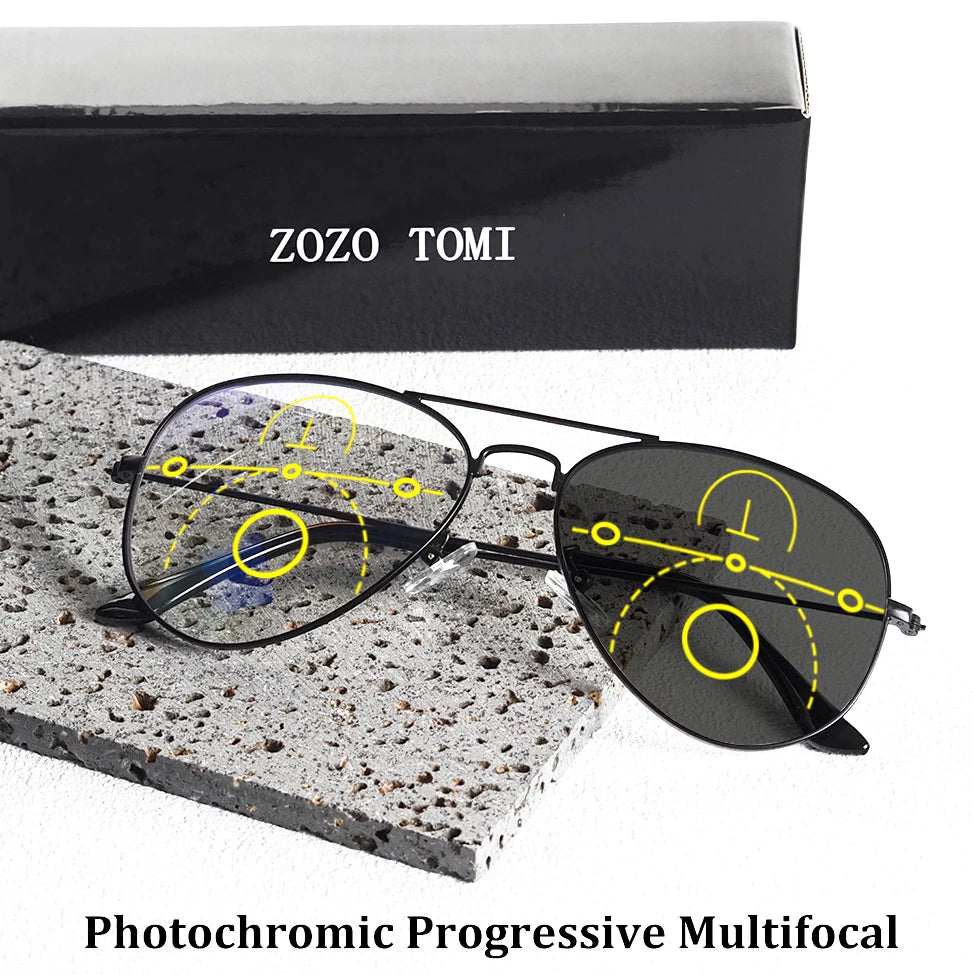 Classic Pilot Photochromic Progressive Multifocal Reading Glasses Men Women Metal Frame Anti Blue Light Presbyopia Eyeglasses