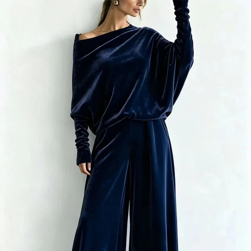 Women's Suit Two Piece Pants Set One Shoulder Batwing Sleeve Velvet Wide Leg Trousers Loose Fit Autumn Winter Tracksuit