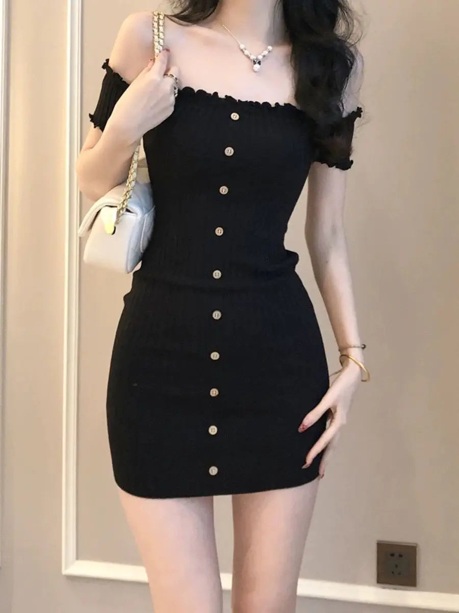Dress Women's Off-the-shoulder Sexy Form-fitting Pencil Skirt Button-up Slimming Fitted Waist Short Length New Niche Versatile