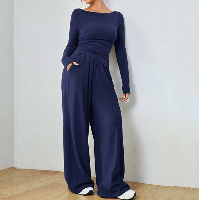 Trendy Slim Solid Color Trousers Suit For Women Simple Slim Irregular T-shirt Wide-leg Trousers Two-piece Casual Spring Suit