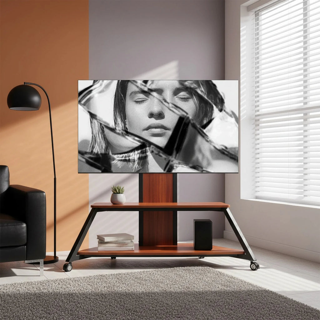 Rolling TV Stand for 60-100 Inch TVs Up To 220 Lbs with Wooden Shelves Rolling TV Floor Stand Height Adjustable Lockable Wheels