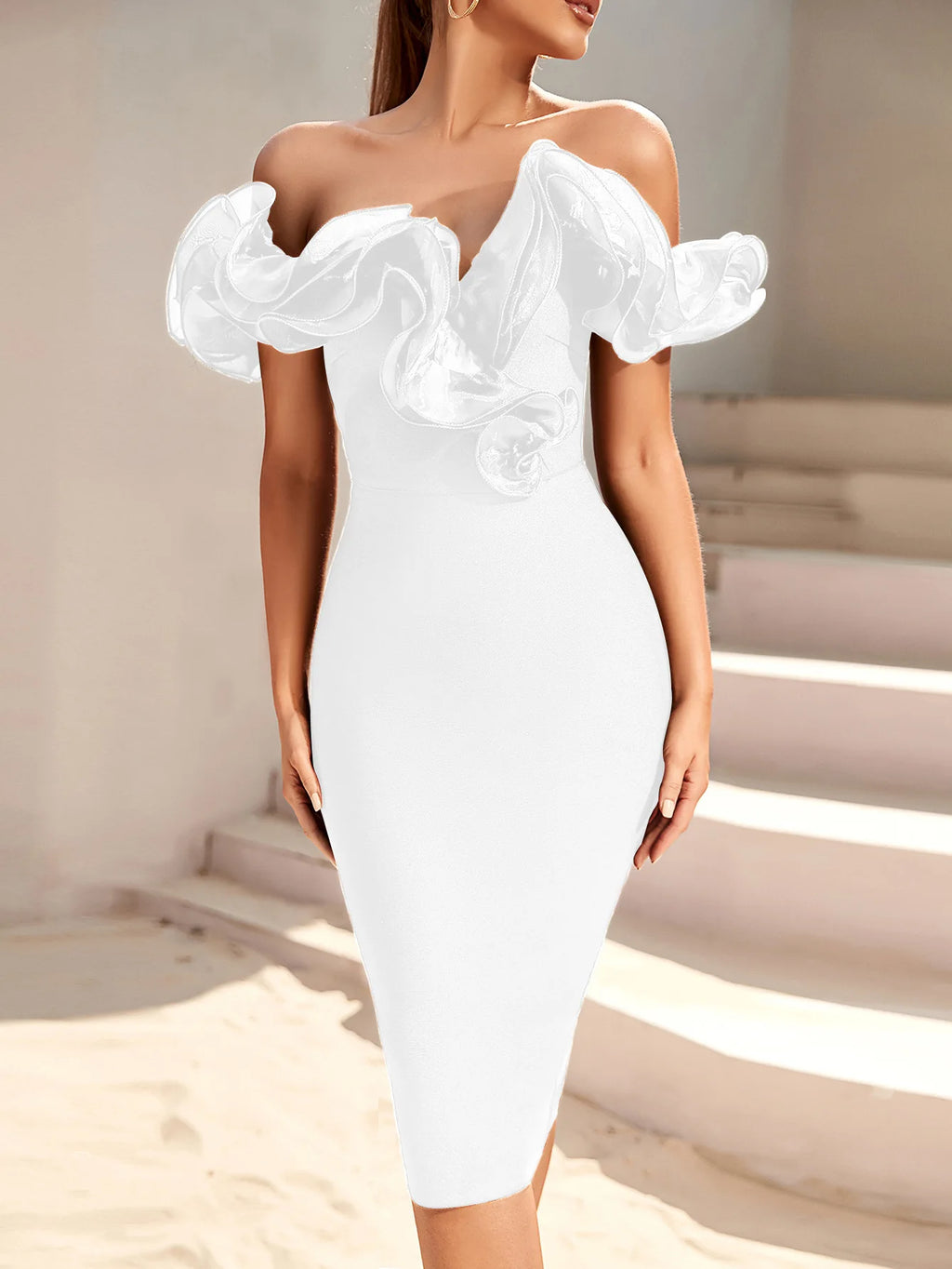 Women's Off Shoulder Bandage Midi Dress Luxury Design Ruffled  Elegant Black Sleeveless Ruffled Sexy Club Party Evening Dresses